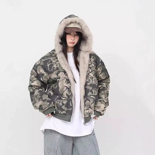 Thickened American Washed Camouflage Hooded Jacket Cotton Coat 2025 Winter New Style Men'S Padded Fur Collar Coat Youth Popular