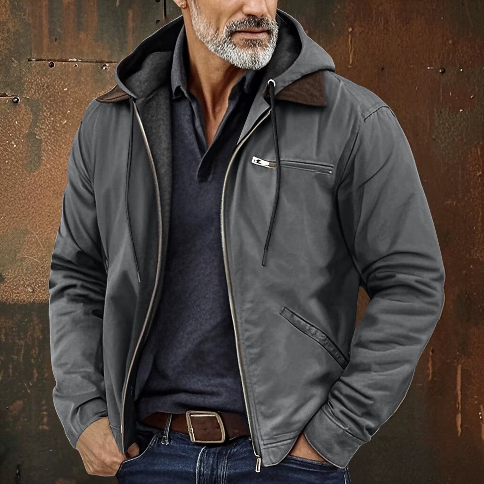 Men'S Casual Autumn and Winter Jacket Men'S Solid Color Zipper Pocket Hooded Sweatshirt Jacket Cardigan Men'S Casual Jacket