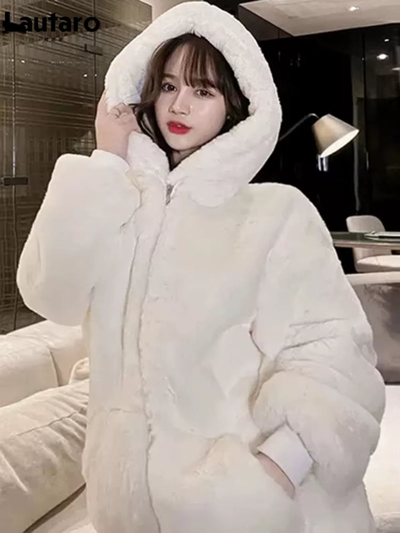 Lautaro-Oversized Faux Fur Jacket for Women, Fluffy, Warm, Soft, White, Long Sleeve, Black, Zip Up, Korean Hoodie, Winter