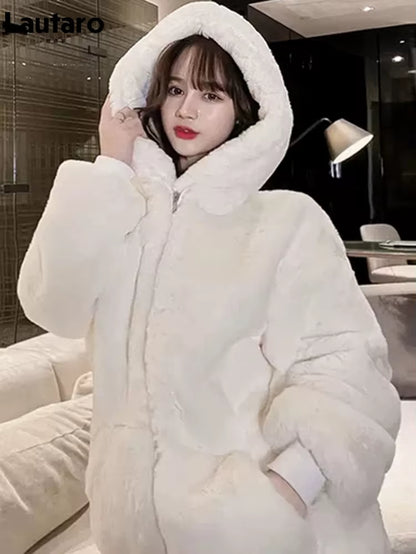 Lautaro-Oversized Faux Fur Jacket for Women, Fluffy, Warm, Soft, White, Long Sleeve, Black, Zip Up, Korean Hoodie, Winter