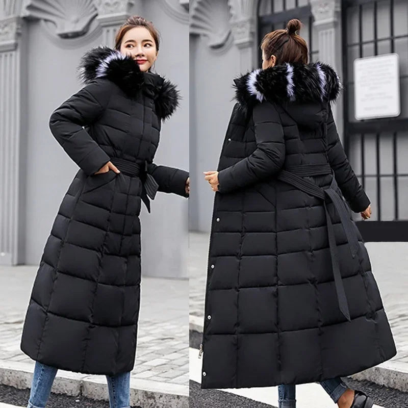 2025 New Winter Jacket Women'S Warm Fashion Bow Belt Fox Fur Collar Coat Long Dress Women'S Thick Coat