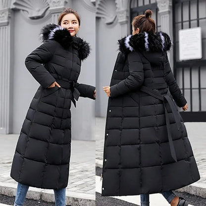 2025 New Winter Jacket Women'S Warm Fashion Bow Belt Fox Fur Collar Coat Long Dress Women'S Thick Coat