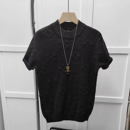 Light Luxury Knitted Sweater Short-Sleeved T-Shirt Young Men'S Trend Fashion Simple Jacquard Half-Sleeved Sweater