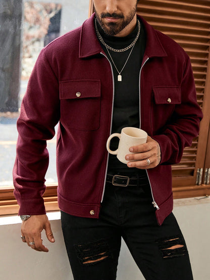 Manfinity Homme Men'S Casual Solid Color Short Style Jacket, Autumn , Red Winter Men Jacket, Fall , Men'S Long Sleeve Zip up Jacket, Burgundy Jacket Men, Christmas