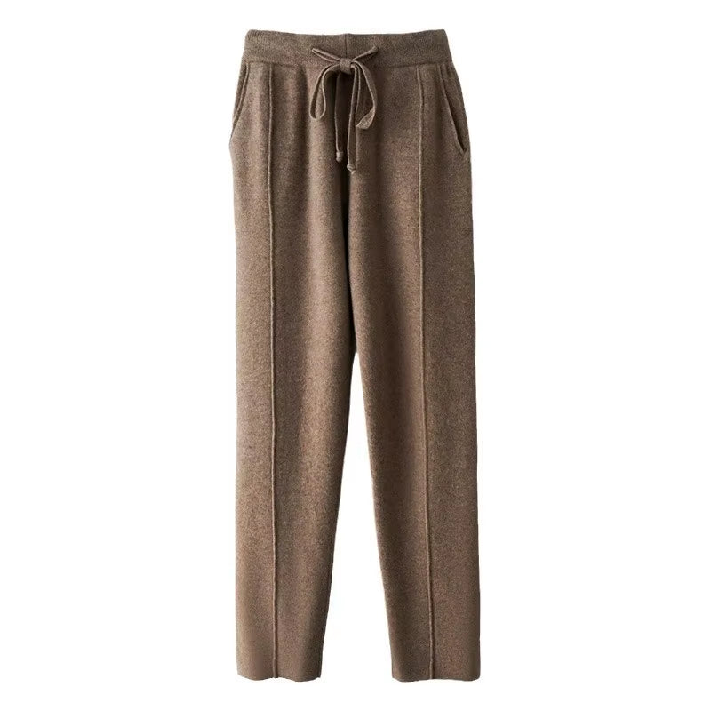 Autumn Winter Women'S Wool Pants Heavyweight Knitted Casual Pants Women Solid Color Drawstring Straight Warm Trousers 100% Wool
