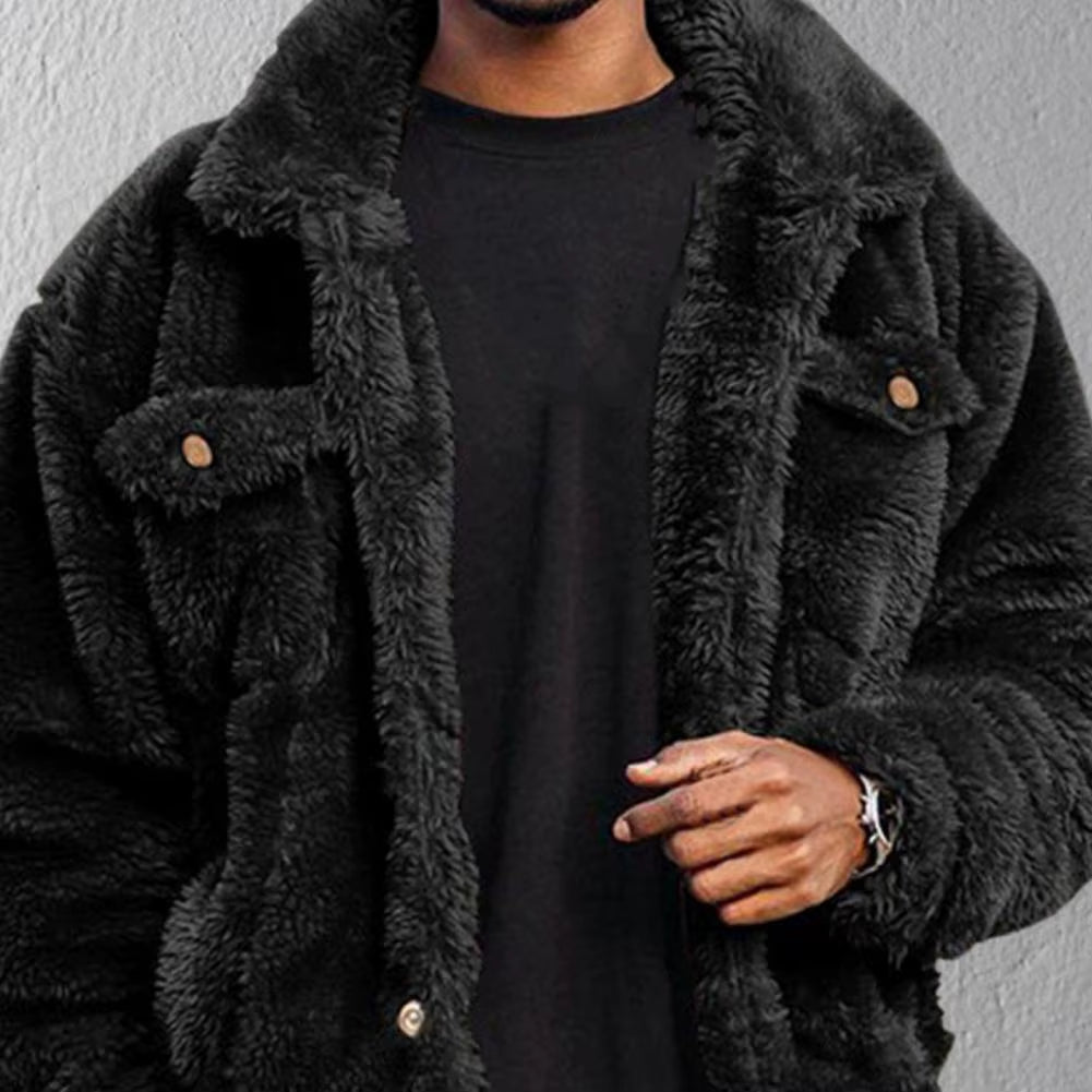Leisure Men Coat Cozy Winter Jacket Thermal Chest Pockets Jackets Thickened Velvet Men Jacket Plush Fluffy Hip-Hop Style Jacket