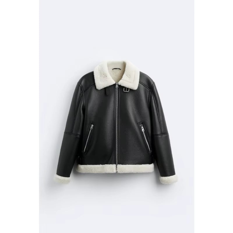 Warm Winter High-Quality Lapel Suede Cashmere Piping Double-Sided Motorcycle Punk Leather Jacket for Men