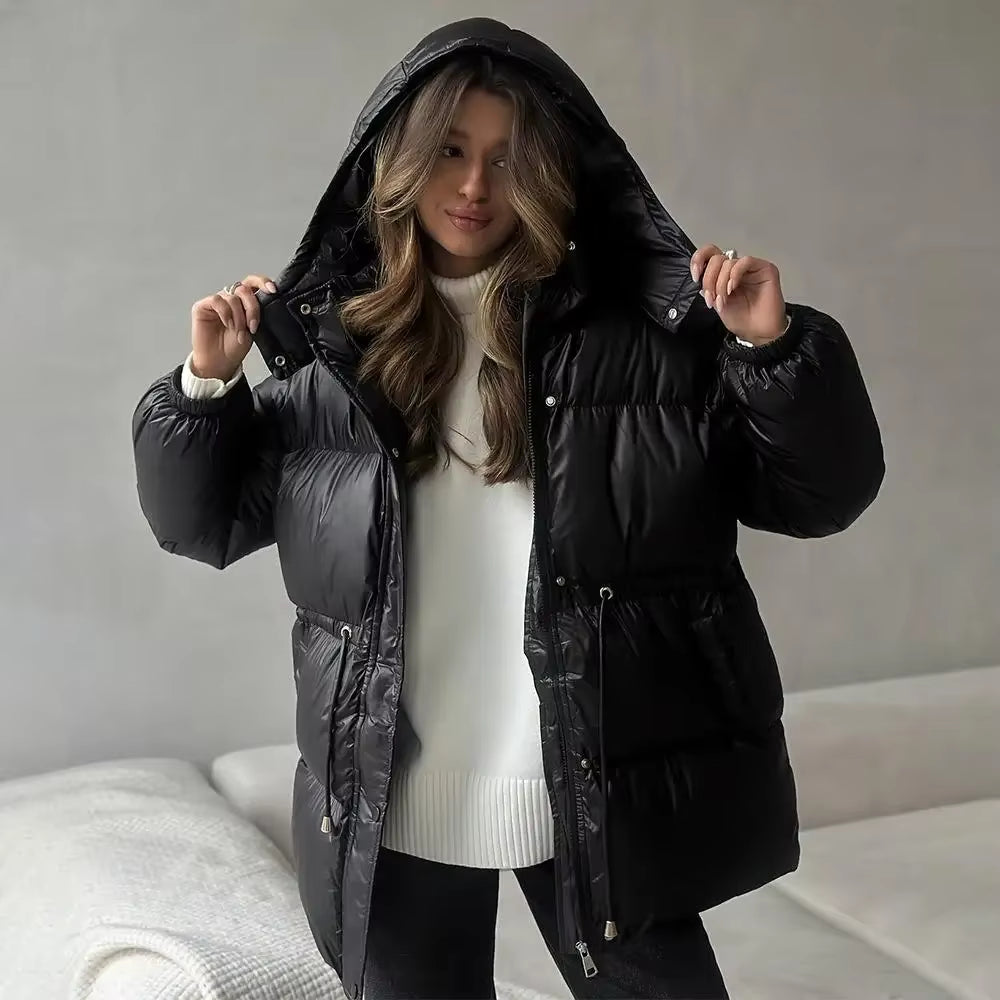 Casual Hooded Cotton Short Jacket Women Stand Collar Zipper Long Sleeve Lace up Loose Warm Coats 2025 Winter Lady Chic Outwear