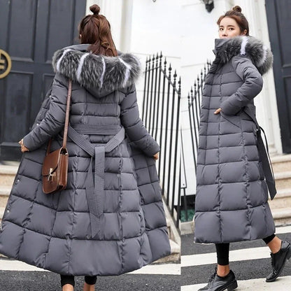 2025 New Winter Jacket Women'S Warm Fashion Bow Belt Fox Fur Collar Coat Long Dress Women'S Thick Coat