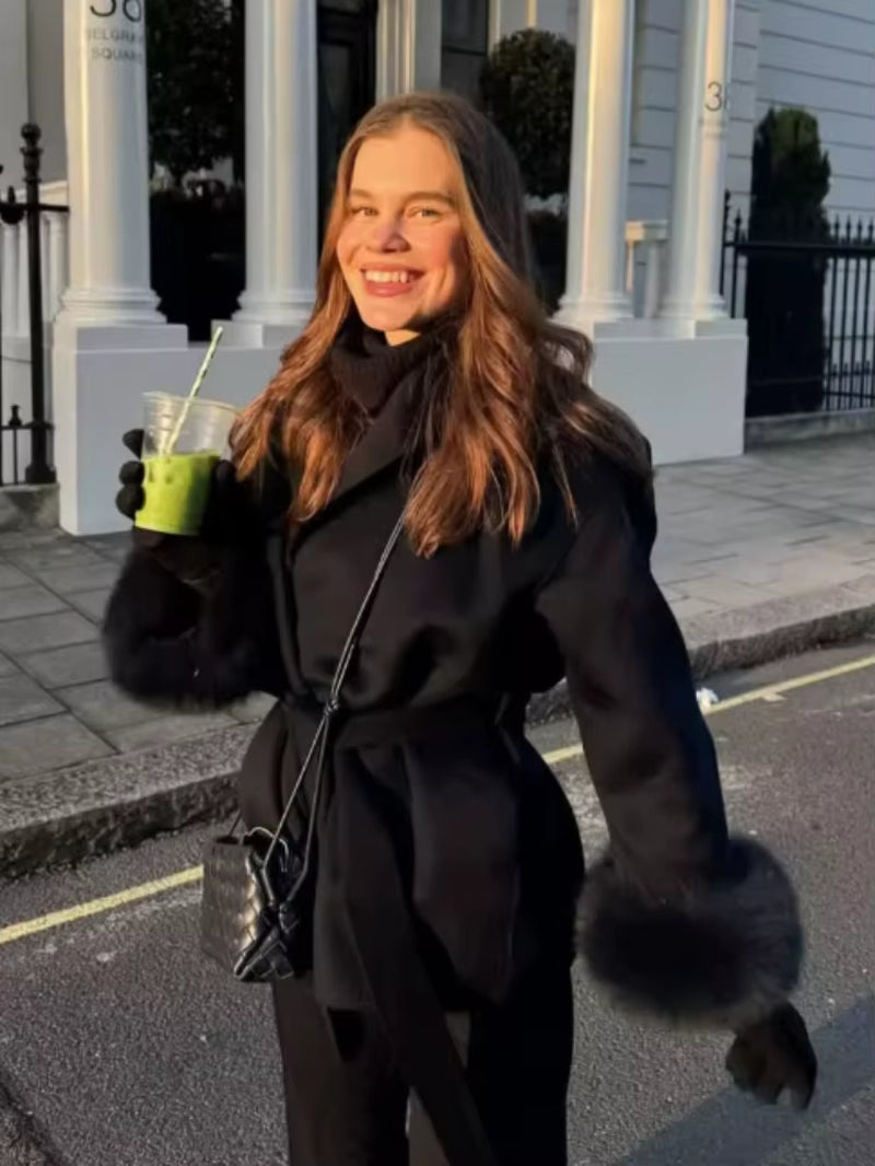 Elegant Lace up Woolen Short Coat Solid Loose Lapel Furry Belt Long Sleeve Jacket Female 2025 Autumn Winter Lady Chic Cardigan