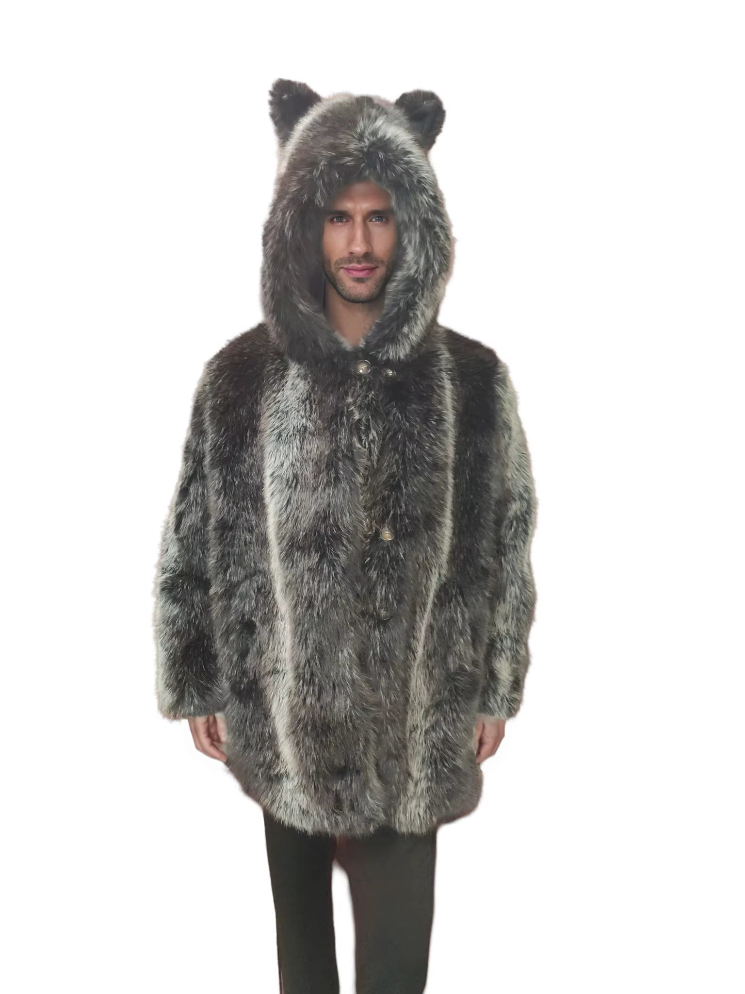 Winter Men Faux Fox Fur Coat Casual plus Size Couple Hooded Fur Jacket Coat Cat Ear Warm Long Sleeve Jacket Overcoat