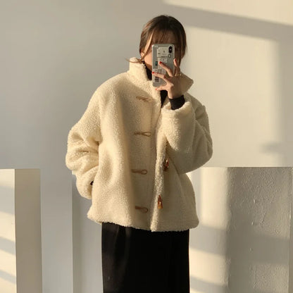 Women'S Lambskin Jacket with Horn Buckle, Stand Collar, Casual, Pure Color, Thin, Winter, Plush, Warm, Female Coat, W900