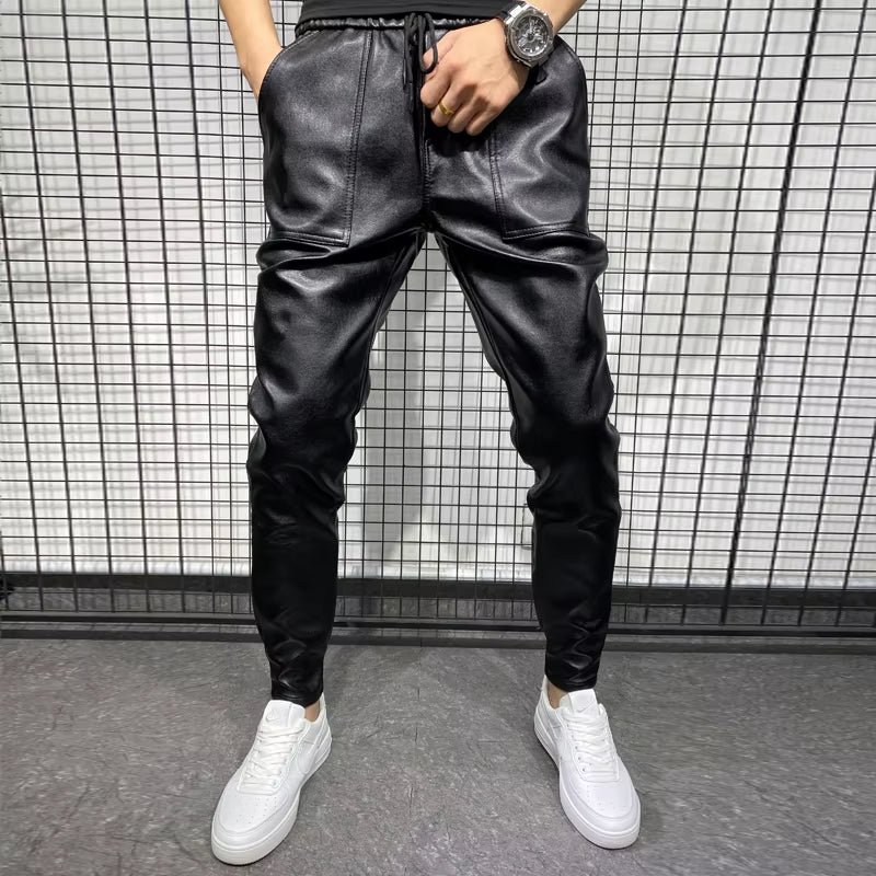 PU Leather Motorcycle Pants Men High Quality Winter Korean Luxury Clothing Big Size Windproof Casual Warm Men'S Trousers Black