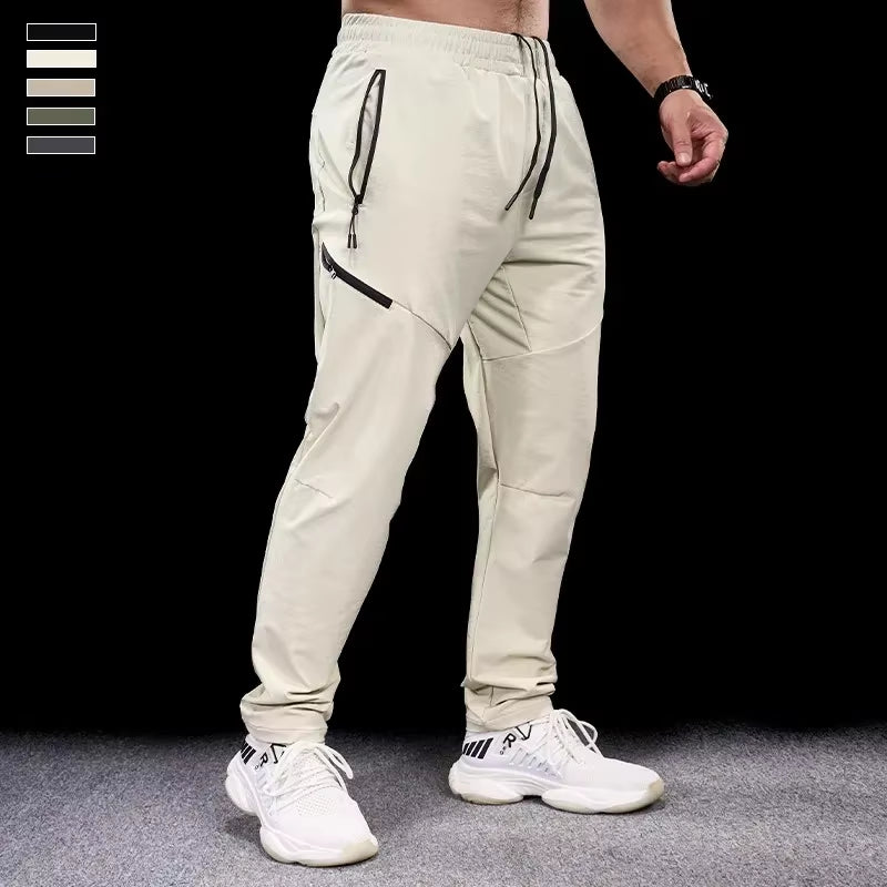 New Autumn Winter Men Quick-Drying Sports Casual Trousers Gym Fitness Running Training Clothes Micro-Elastic Zipper Pocket Pants