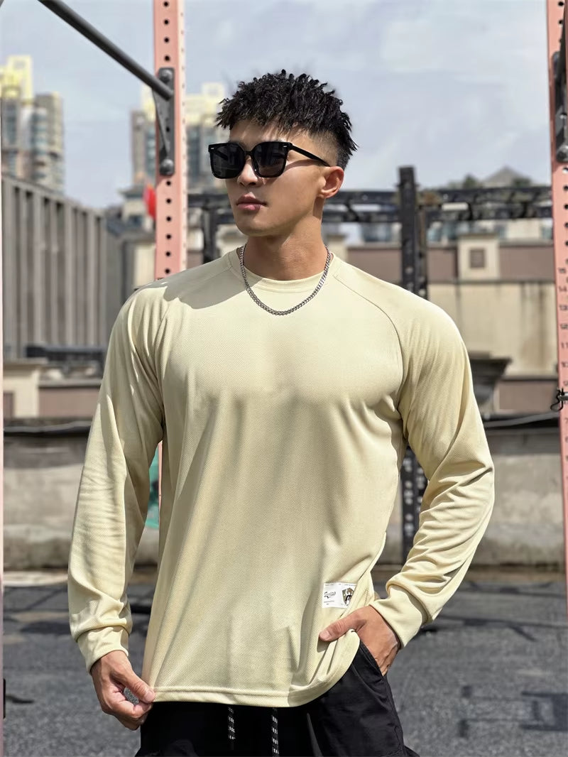 Men Long Sleeved T-Shirt Crew Neck Stretch Fitness Suit Gym Running Training Bodybuilding T-Shirt Men Clothing Bottoming Shirt