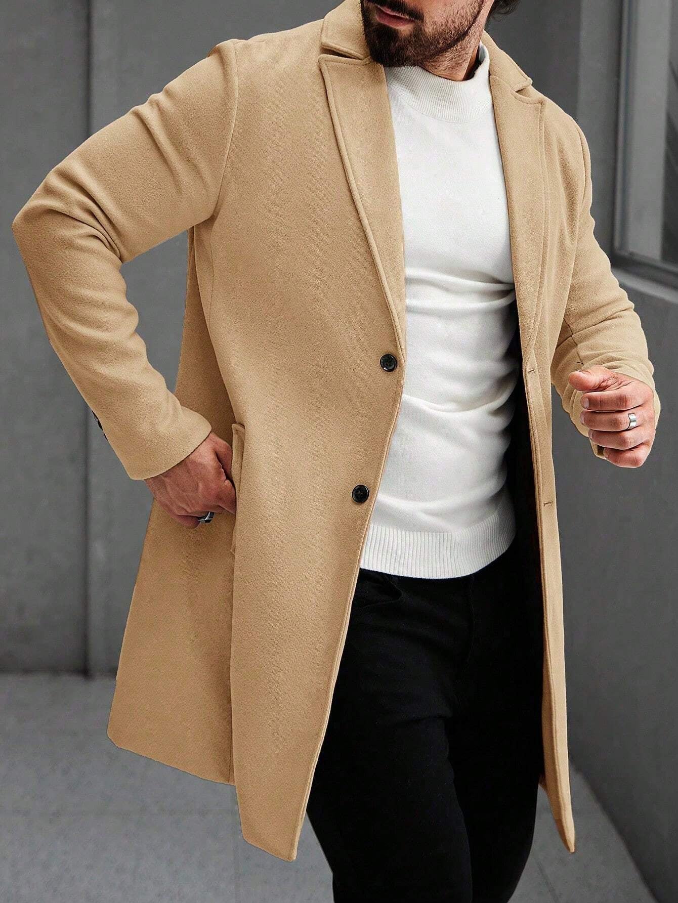 Manfinity Homme Men'S Solid Color Pocket & Button Front Long Sleeve Overcoat, Autumn Fall Clothes