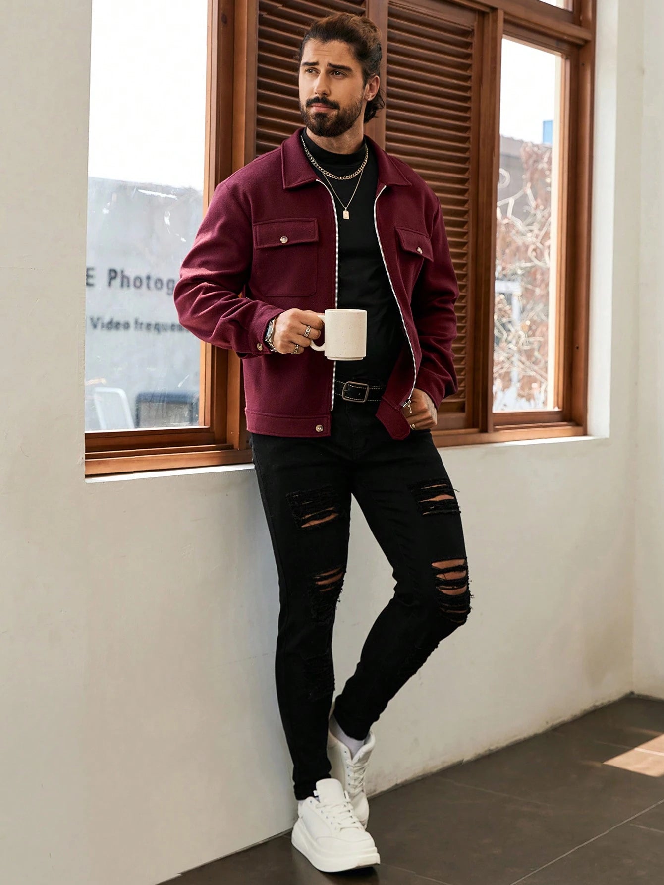 Manfinity Homme Men'S Casual Solid Color Short Style Jacket, Autumn , Red Winter Men Jacket, Fall , Men'S Long Sleeve Zip up Jacket, Burgundy Jacket Men, Christmas