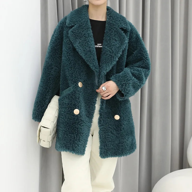 MENINA BONITA 2025 New Luxury Winter Jacket Women'S Coat Double-Breasted Woven Real Natural Wool Fur Lapel Warm Loose Outerwear