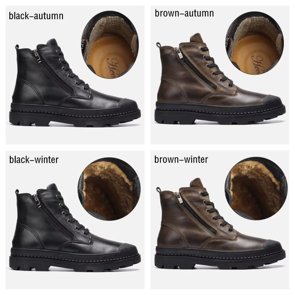 Natural Cow Leather Men Winter Boots Handmade Retro Men Boots Genuine Leather Men Winter Shoes #JM9550