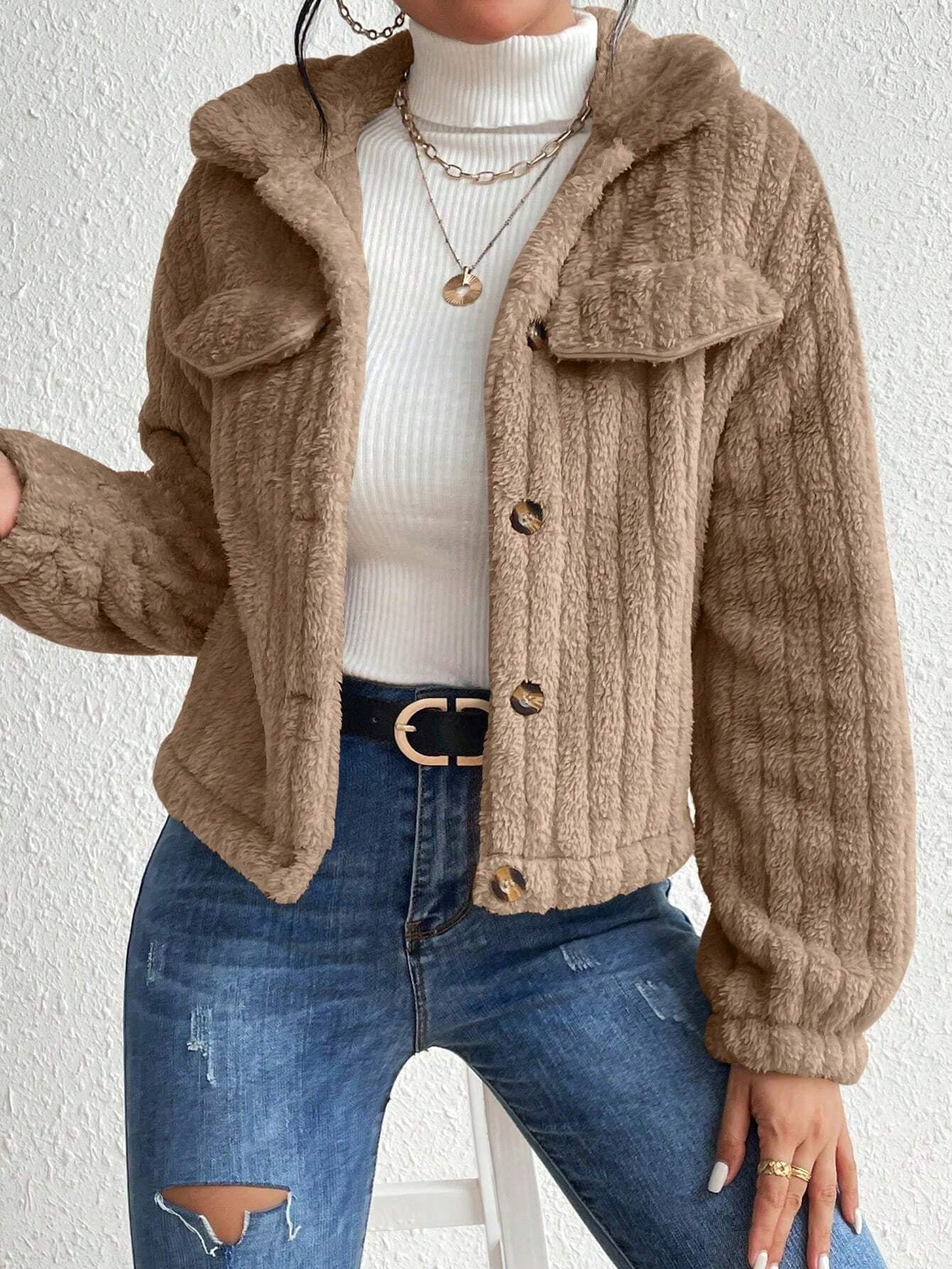 EMERY ROSE Flap Detail Flannel Jacket Fall Winter Cloth for Women