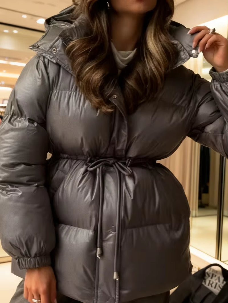 Casual Hooded Cotton Short Jacket Women Stand Collar Zipper Long Sleeve Lace up Loose Warm Coats 2025 Winter Lady Chic Outwear