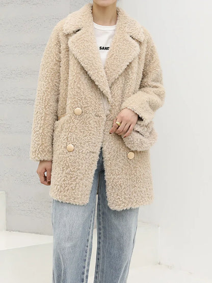 MENINA BONITA 2025 New Luxury Winter Jacket Women'S Coat Double-Breasted Woven Real Natural Wool Fur Lapel Warm Loose Outerwear