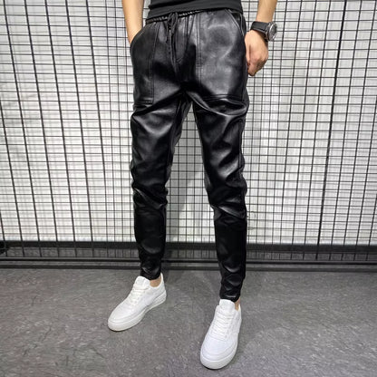 PU Leather Motorcycle Pants Men High Quality Winter Korean Luxury Clothing Big Size Windproof Casual Warm Men'S Trousers Black