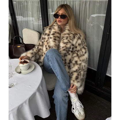 Leopard Print Faux Fur Jacket for Women Winter Thermal Outerwear Chic Long Sleeve Loose Warm Coat 2025 Lady Trendy Urban Outfit