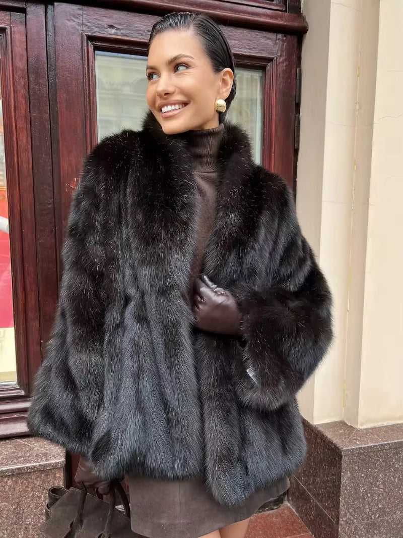 Women Thick Faux Fur Coat Lapel Hidden Button Loose Elegant Lady Outerwear 2025 Fashion Female Street Commute Overcoat New