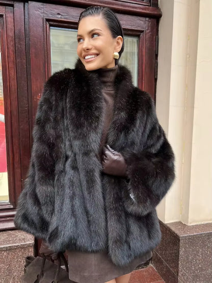 Women Thick Faux Fur Coat Lapel Hidden Button Loose Elegant Lady Outerwear 2025 Fashion Female Street Commute Overcoat New