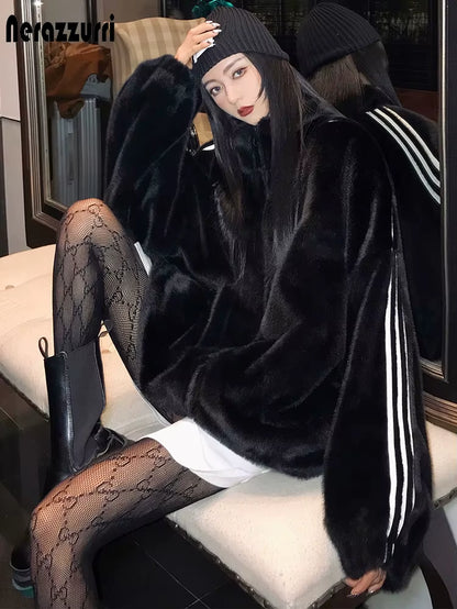 Nerazzurri Zip up Oversized Soft Warm Fluffy Faux Fur Jacket Long Sleeve Color Block Winter Fur Coats for Women Fashion Style