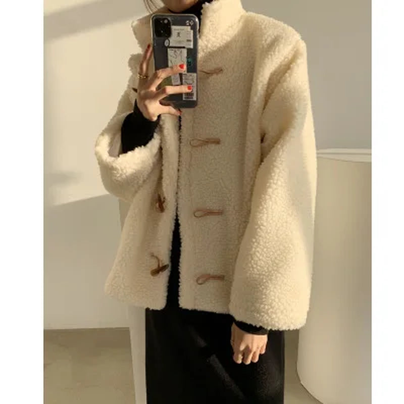 Women'S Lambskin Jacket with Horn Buckle, Stand Collar, Casual, Pure Color, Thin, Winter, Plush, Warm, Female Coat, W900