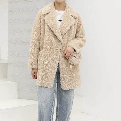 MENINA BONITA 2025 New Luxury Winter Jacket Women'S Coat Double-Breasted Woven Real Natural Wool Fur Lapel Warm Loose Outerwear