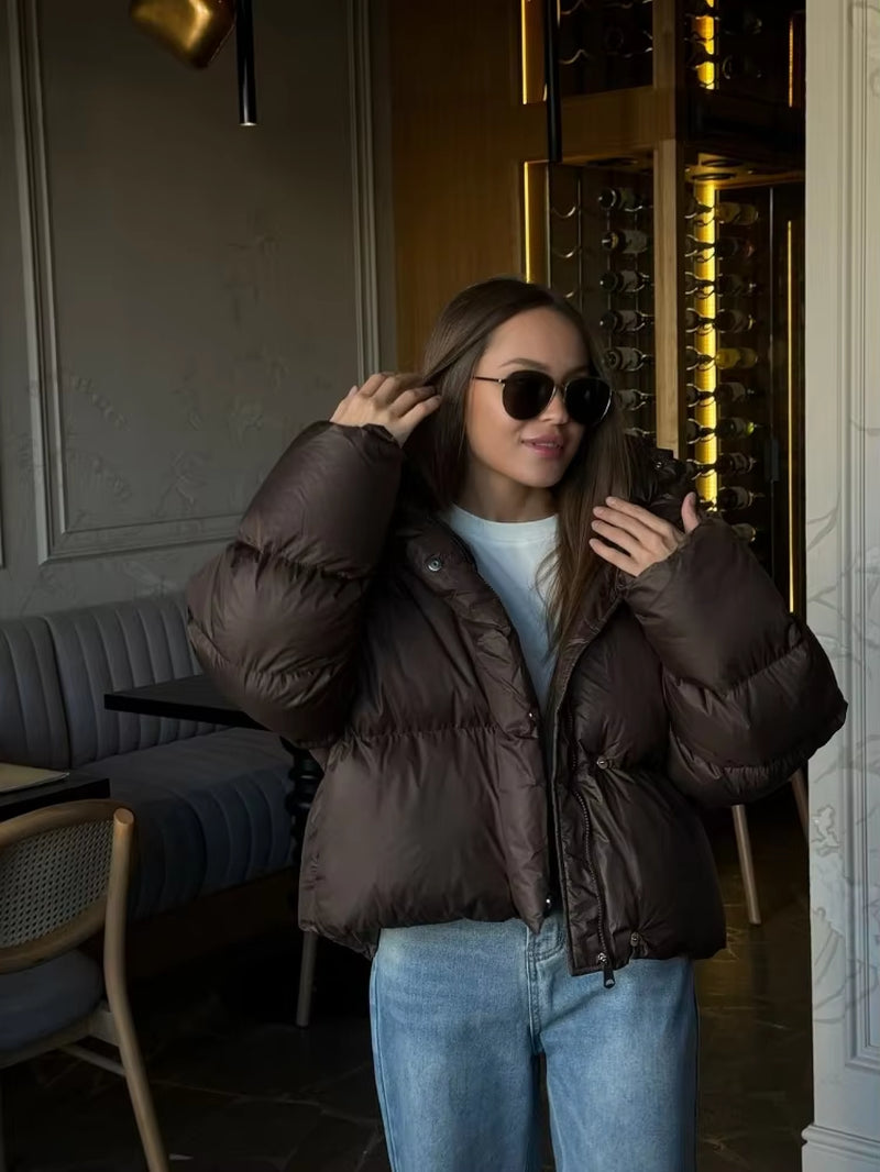 Women Brown Hooded Cotton Coat Fashion Lapel Full Sleeve Zipper Button Warm Loose Short Coats Lady Winter Casual Street Outwear